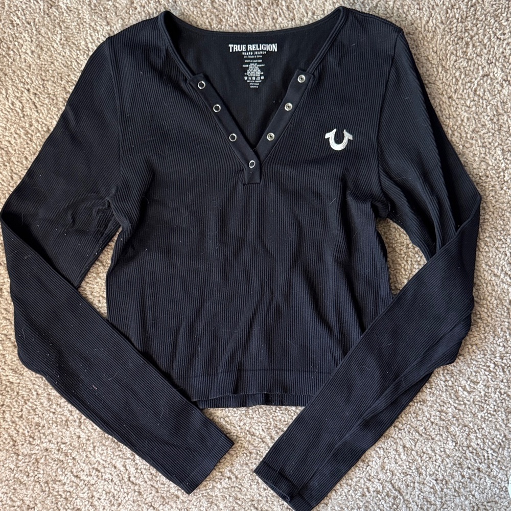True Religion Black Ribbed Long-Sleeve Henley with Embroidered Logo